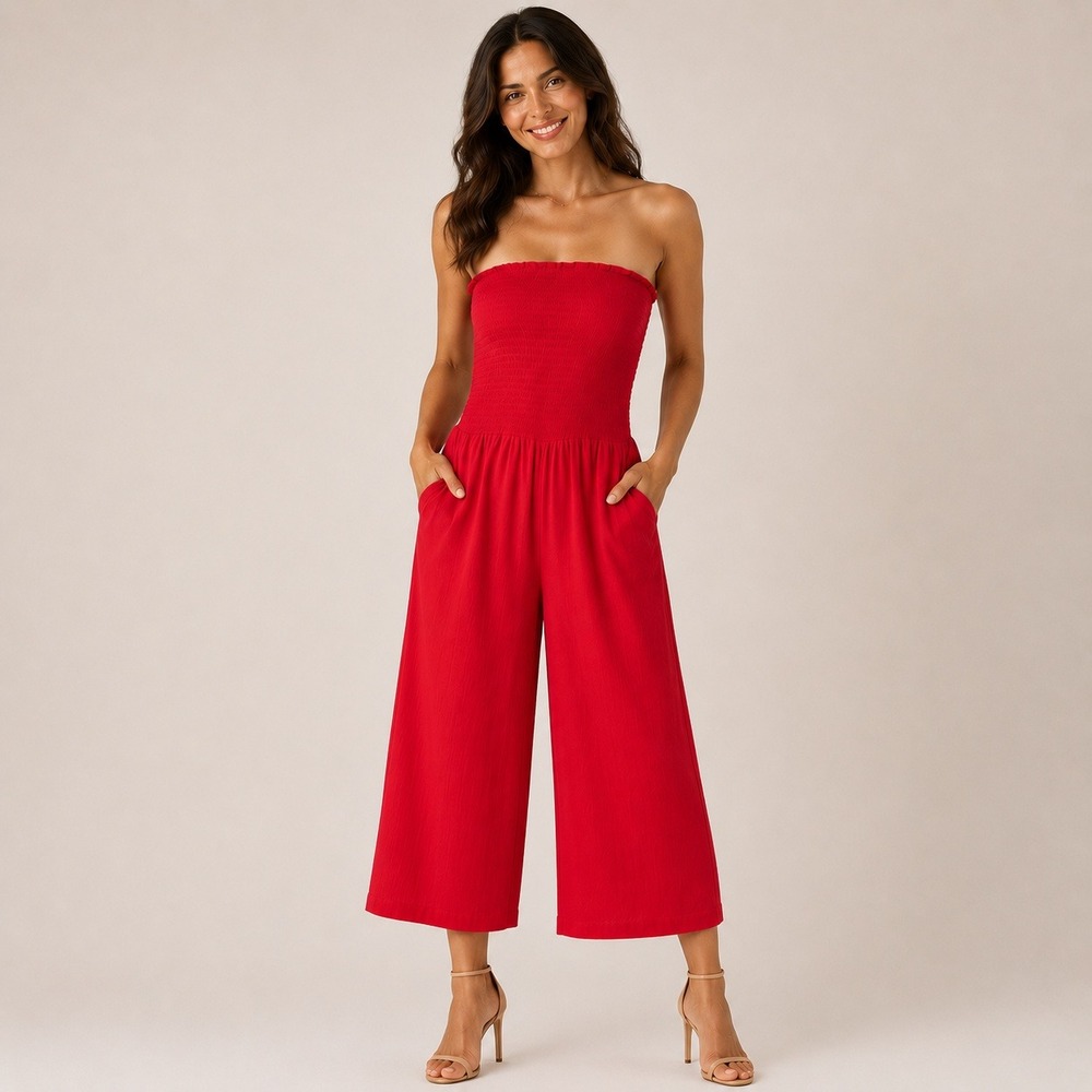 Love Tree Red‎ Smocked Strapless Wide Leg Jumpsuit Large Boho Gauze Pockets
